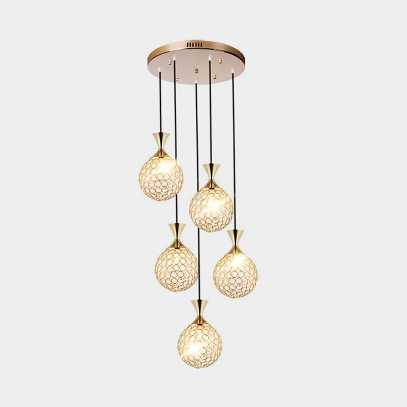 Globe Dinning Room Ceiling Lamp Minimal Crystal Encrusted 3/5 Bulbs Gold Multi Pendant Lighting Fixture Clearhalo 'Ceiling Lights' 'Modern Pendants' 'Modern' 'Pendant Lights' 'Pendants' Lighting' 1629097