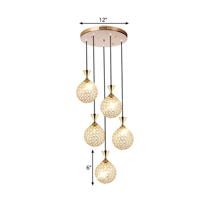 Globe Dinning Room Ceiling Lamp Minimal Crystal Encrusted 3/5 Bulbs Gold Multi Pendant Lighting Fixture Clearhalo 'Ceiling Lights' 'Modern Pendants' 'Modern' 'Pendant Lights' 'Pendants' Lighting' 1629098