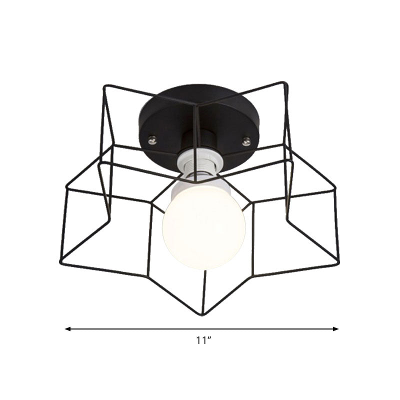 1 Bulb Star Ceiling Mounted Light with Cage Shade Industrial Black/White Metal Semi-Flush Mount Light for Bedroom Clearhalo 'Ceiling Lights' 'Close To Ceiling Lights' 'Close to ceiling' 'Semi-flushmount' Lighting' 162986