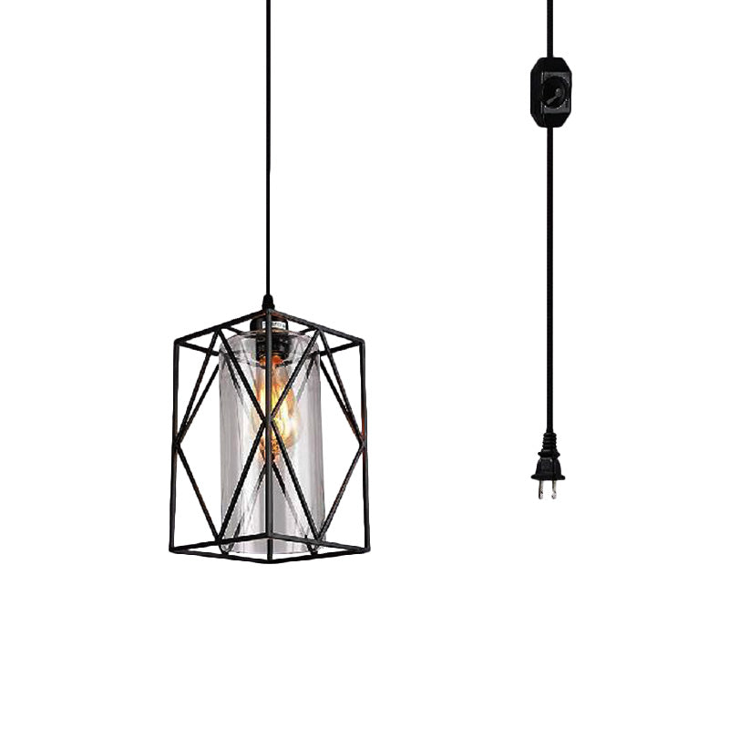 Black Cylinder Pendant Ceiling Light Farmhouse Clear Glass/Fabric 1 Light Living Room Hanging Lamp with Plug Clearhalo 'Ceiling Lights' 'Glass shade' 'Glass' 'Industrial Pendants' 'Industrial' 'Middle Century Pendants' 'Pendant Lights' 'Pendants' 'Tiffany' Lighting' 162991