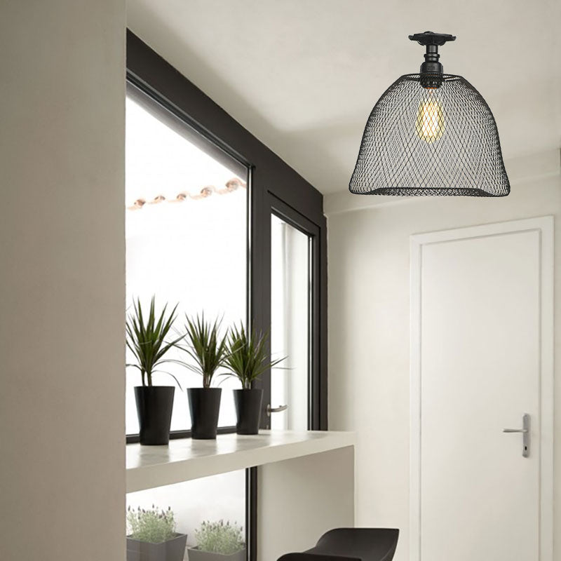 1 Bulb Saucer/Barrel Semi Flush Light Industrial Stylish Black Finish Metal Ceiling Mounted Light with Mesh Screen Black Dome Clearhalo 'Ceiling Lights' 'Close To Ceiling Lights' 'Close to ceiling' 'Semi-flushmount' Lighting' 163017