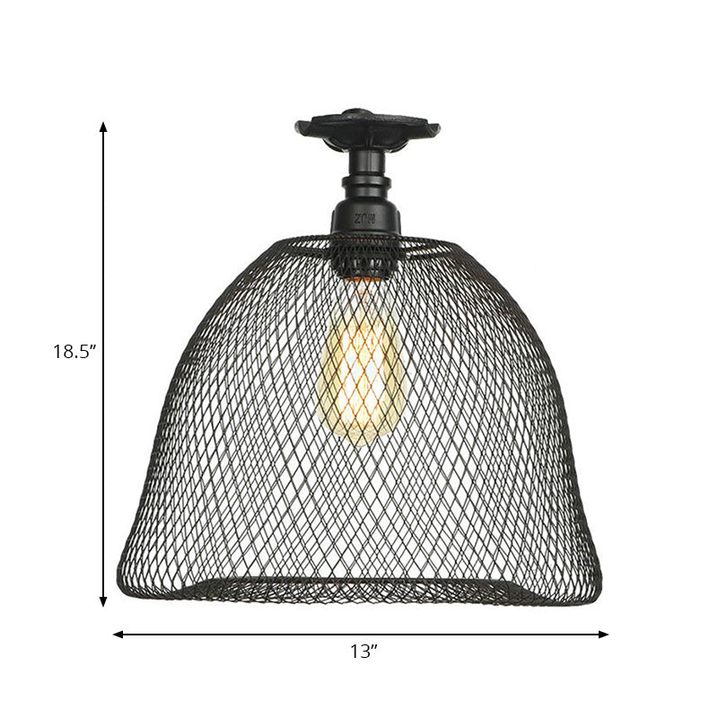 1 Bulb Saucer/Barrel Semi Flush Light Industrial Stylish Black Finish Metal Ceiling Mounted Light with Mesh Screen Clearhalo 'Ceiling Lights' 'Close To Ceiling Lights' 'Close to ceiling' 'Semi-flushmount' Lighting' 163020