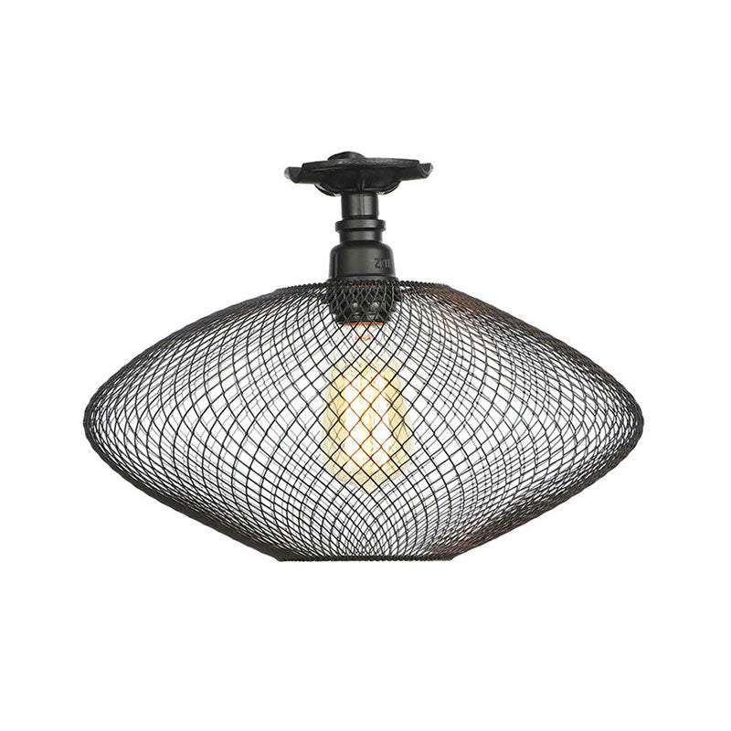 1 Bulb Saucer/Barrel Semi Flush Light Industrial Stylish Black Finish Metal Ceiling Mounted Light with Mesh Screen Clearhalo 'Ceiling Lights' 'Close To Ceiling Lights' 'Close to ceiling' 'Semi-flushmount' Lighting' 163022