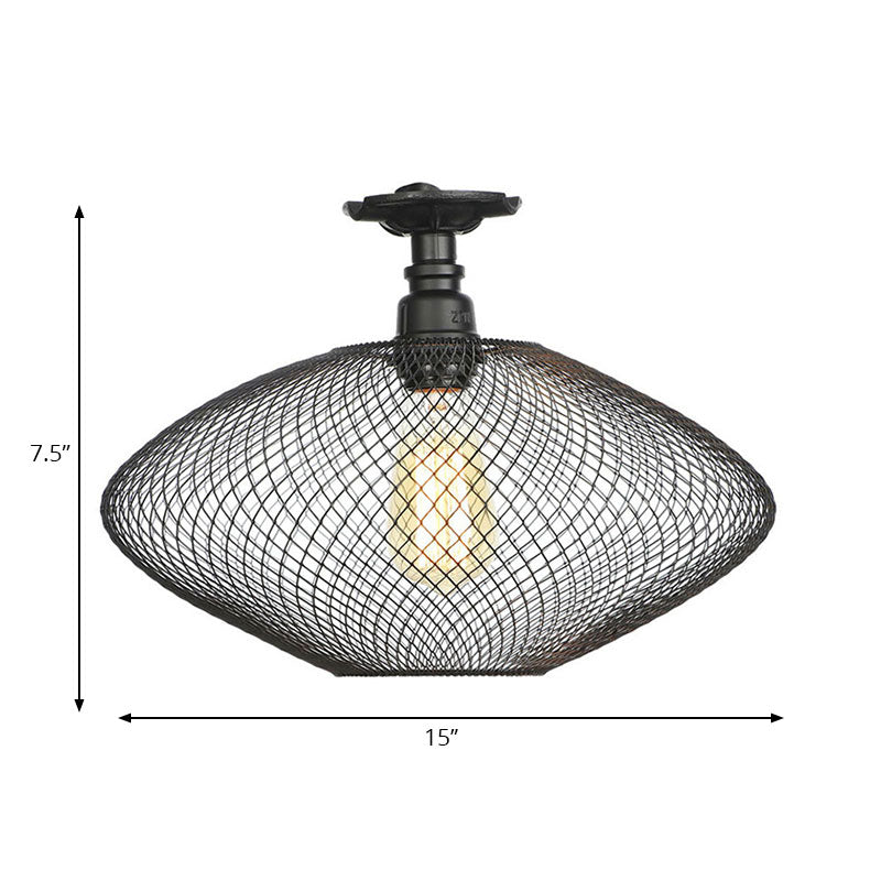 1 Bulb Saucer/Barrel Semi Flush Light Industrial Stylish Black Finish Metal Ceiling Mounted Light with Mesh Screen Clearhalo 'Ceiling Lights' 'Close To Ceiling Lights' 'Close to ceiling' 'Semi-flushmount' Lighting' 163023