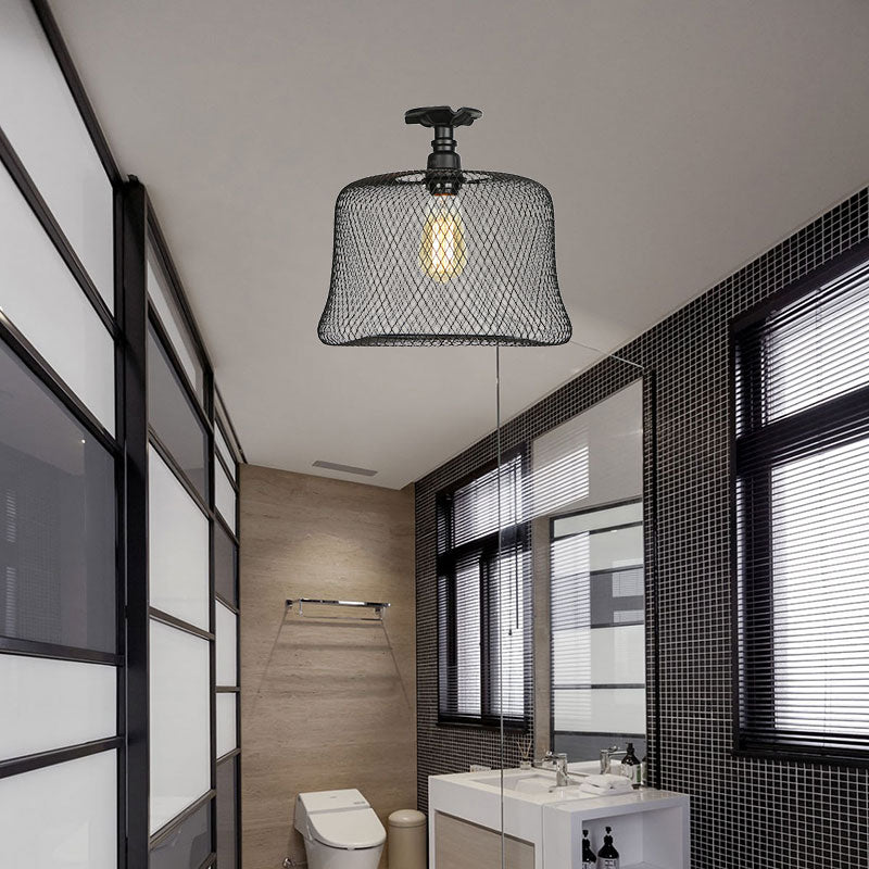 1 Bulb Saucer/Barrel Semi Flush Light Industrial Stylish Black Finish Metal Ceiling Mounted Light with Mesh Screen Black Barrel Clearhalo 'Ceiling Lights' 'Close To Ceiling Lights' 'Close to ceiling' 'Semi-flushmount' Lighting' 163024