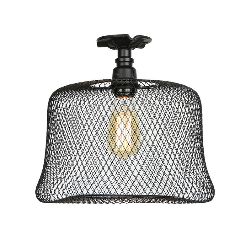 1 Bulb Saucer/Barrel Semi Flush Light Industrial Stylish Black Finish Metal Ceiling Mounted Light with Mesh Screen Clearhalo 'Ceiling Lights' 'Close To Ceiling Lights' 'Close to ceiling' 'Semi-flushmount' Lighting' 163025