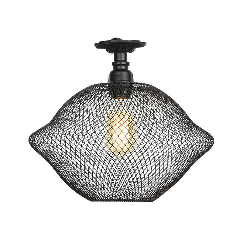 1 Bulb Saucer/Barrel Semi Flush Light Industrial Stylish Black Finish Metal Ceiling Mounted Light with Mesh Screen Clearhalo 'Ceiling Lights' 'Close To Ceiling Lights' 'Close to ceiling' 'Semi-flushmount' Lighting' 163028