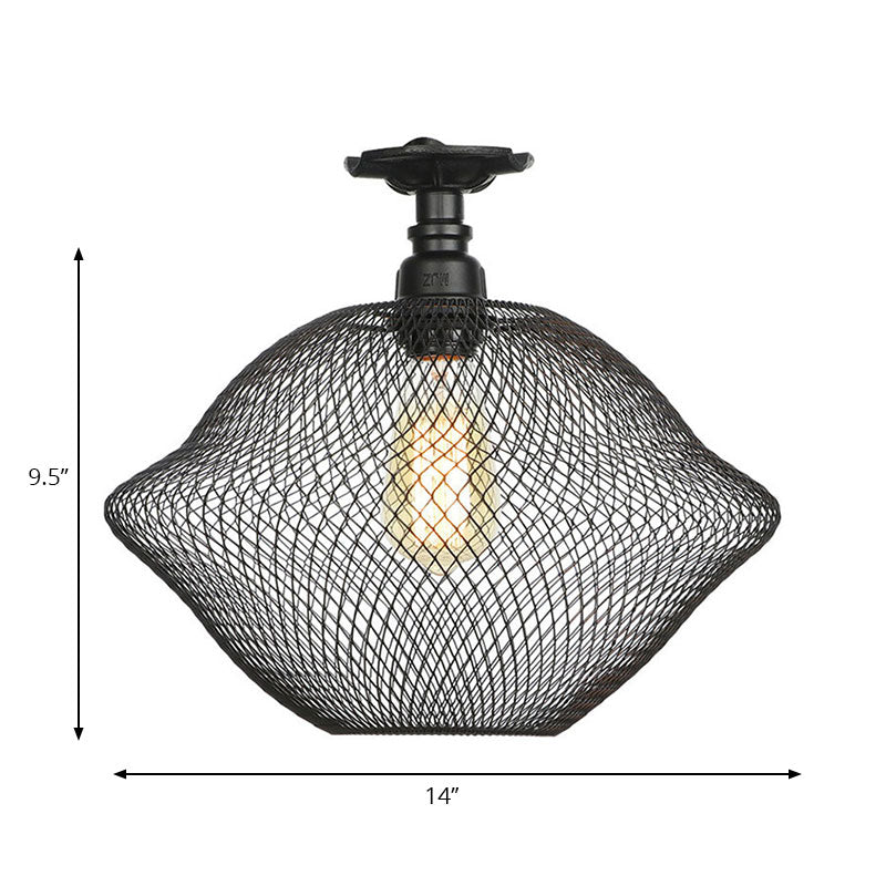 1 Bulb Saucer/Barrel Semi Flush Light Industrial Stylish Black Finish Metal Ceiling Mounted Light with Mesh Screen Clearhalo 'Ceiling Lights' 'Close To Ceiling Lights' 'Close to ceiling' 'Semi-flushmount' Lighting' 163029