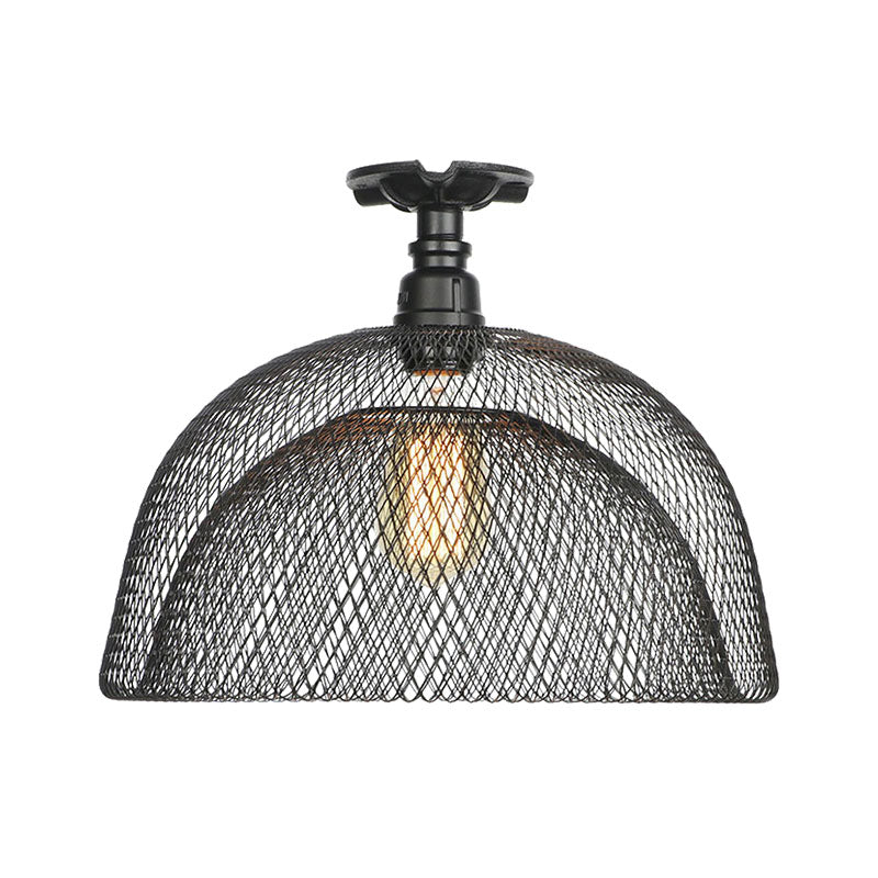 1 Bulb Saucer/Barrel Semi Flush Light Industrial Stylish Black Finish Metal Ceiling Mounted Light with Mesh Screen Clearhalo 'Ceiling Lights' 'Close To Ceiling Lights' 'Close to ceiling' 'Semi-flushmount' Lighting' 163031