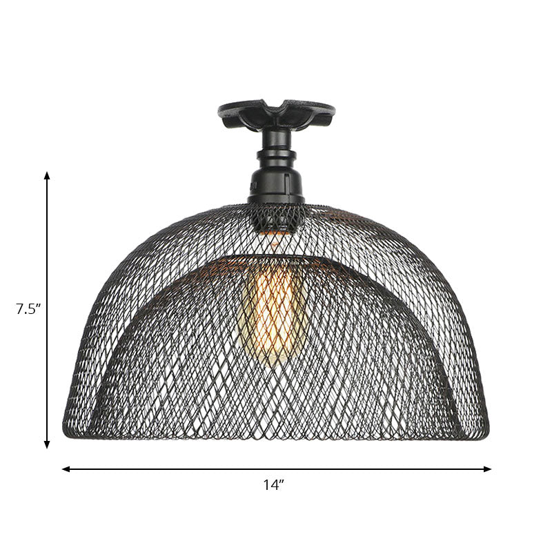 1 Bulb Saucer/Barrel Semi Flush Light Industrial Stylish Black Finish Metal Ceiling Mounted Light with Mesh Screen Clearhalo 'Ceiling Lights' 'Close To Ceiling Lights' 'Close to ceiling' 'Semi-flushmount' Lighting' 163032