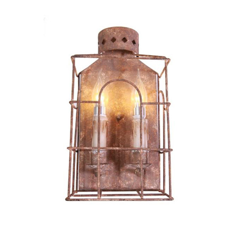 Metal Wire Cage Wall Sconce Light 2-Light Vintage Sconce Lamp in Rust for Hallway Corridor Clearhalo 'Art deco wall lights' 'Cast Iron' 'Glass' 'Industrial wall lights' 'Industrial' 'Middle century wall lights' 'Modern' 'Rustic wall lights' 'Tiffany' 'Traditional wall lights' 'Wall Lamps & Sconces' 'Wall Lights' Lighting' 163047