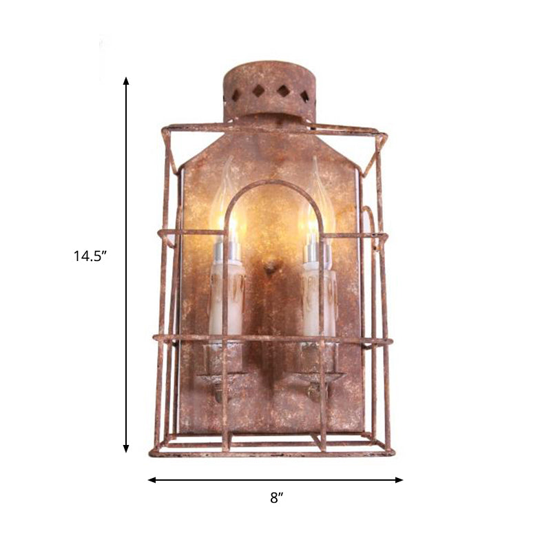 Metal Wire Cage Wall Sconce Light 2-Light Vintage Sconce Lamp in Rust for Hallway Corridor Clearhalo 'Art deco wall lights' 'Cast Iron' 'Glass' 'Industrial wall lights' 'Industrial' 'Middle century wall lights' 'Modern' 'Rustic wall lights' 'Tiffany' 'Traditional wall lights' 'Wall Lamps & Sconces' 'Wall Lights' Lighting' 163048