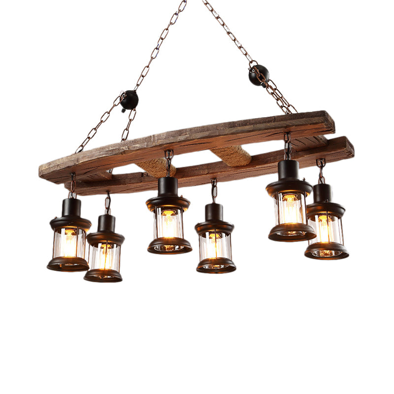 Clear Glass Black Island Pendant Lantern 6-Light Rustic Hanging Light Kit with Wooden Board Clearhalo 'Ceiling Lights' 'Island Lights' Lighting' 163102