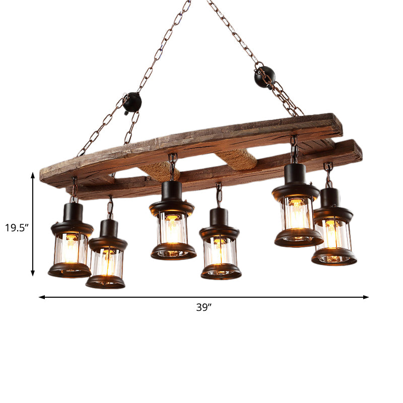 Clear Glass Black Island Pendant Lantern 6-Light Rustic Hanging Light Kit with Wooden Board Clearhalo 'Ceiling Lights' 'Island Lights' Lighting' 163103