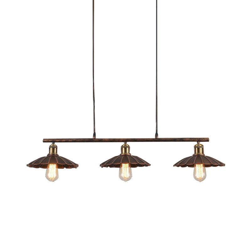 Scalloped Edged Metal Island Light Antique Style 3 Heads Dining Table Pendant Lighting in Rust Clearhalo 'Ceiling Lights' 'Island Lights' Lighting' 163208