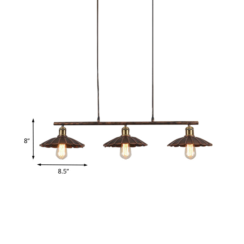 Scalloped Edged Metal Island Light Antique Style 3 Heads Dining Table Pendant Lighting in Rust Clearhalo 'Ceiling Lights' 'Island Lights' Lighting' 163209