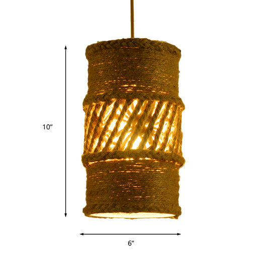 1 Bulb Hanging Lamp Farmhouse Style Cylindrical Rope Ceiling Lamp in Beige for Restaurant Clearhalo 'Ceiling Lights' 'Industrial Pendants' 'Industrial' 'Middle Century Pendants' 'Pendant Lights' 'Pendants' 'Tiffany' Lighting' 163222