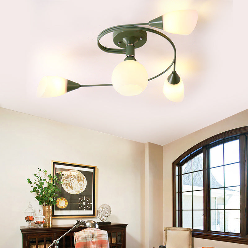 Curly Semi Flush Mount Light Nordic Iron 4/6-Head Grey/Pink/Yellow Ceiling Lamp with White Glass Shade 4 Green Clearhalo 'Ceiling Lights' 'Chandeliers' 'Close To Ceiling Lights' 'Close to ceiling' 'Glass shade' 'Glass' 'Semi-flushmount' Lighting' 163308