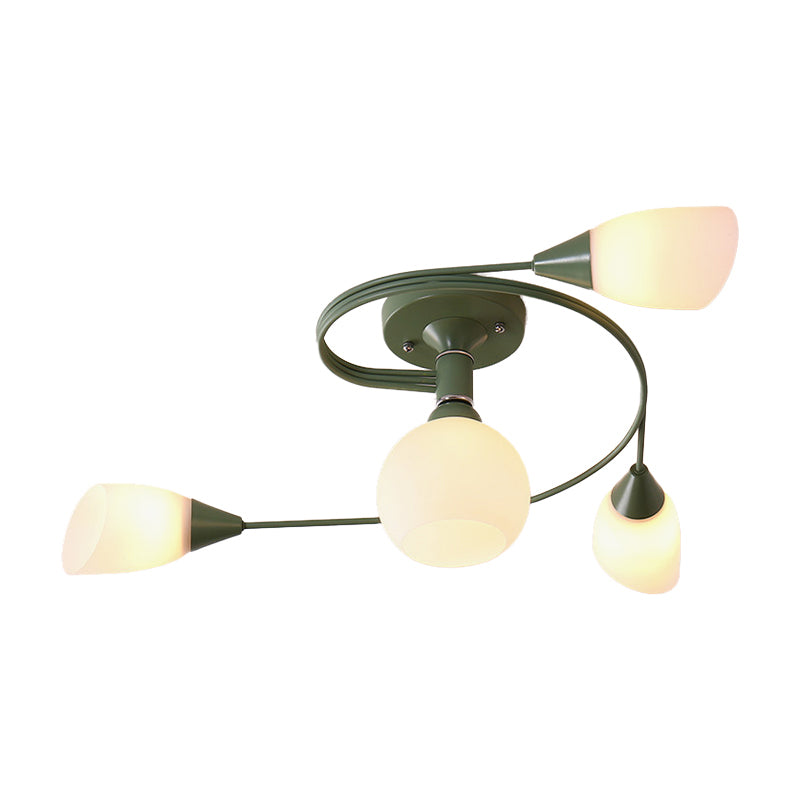 Curly Semi Flush Mount Light Nordic Iron 4/6-Head Grey/Pink/Yellow Ceiling Lamp with White Glass Shade Clearhalo 'Ceiling Lights' 'Chandeliers' 'Close To Ceiling Lights' 'Close to ceiling' 'Glass shade' 'Glass' 'Semi-flushmount' Lighting' 163310