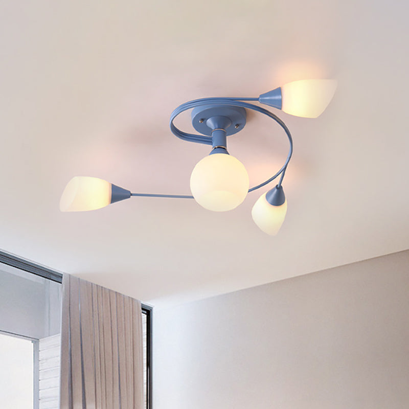 Curly Semi Flush Mount Light Nordic Iron 4/6-Head Grey/Pink/Yellow Ceiling Lamp with White Glass Shade 4 Blue Clearhalo 'Ceiling Lights' 'Chandeliers' 'Close To Ceiling Lights' 'Close to ceiling' 'Glass shade' 'Glass' 'Semi-flushmount' Lighting' 163311