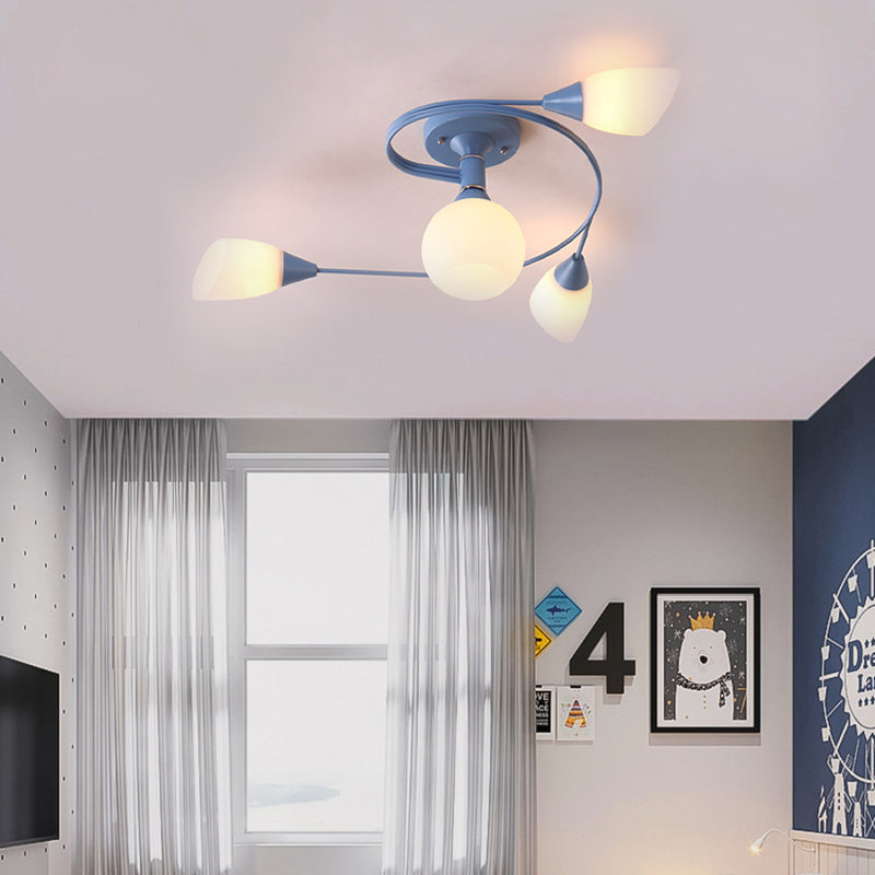 Curly Semi Flush Mount Light Nordic Iron 4/6-Head Grey/Pink/Yellow Ceiling Lamp with White Glass Shade Clearhalo 'Ceiling Lights' 'Chandeliers' 'Close To Ceiling Lights' 'Close to ceiling' 'Glass shade' 'Glass' 'Semi-flushmount' Lighting' 163312