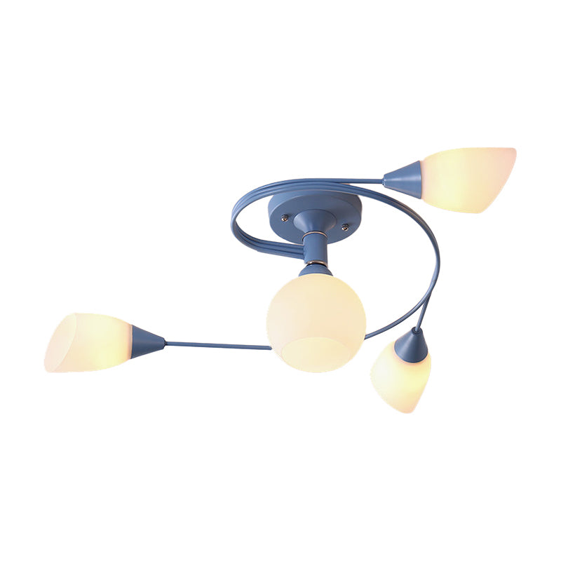 Curly Semi Flush Mount Light Nordic Iron 4/6-Head Grey/Pink/Yellow Ceiling Lamp with White Glass Shade Clearhalo 'Ceiling Lights' 'Chandeliers' 'Close To Ceiling Lights' 'Close to ceiling' 'Glass shade' 'Glass' 'Semi-flushmount' Lighting' 163313