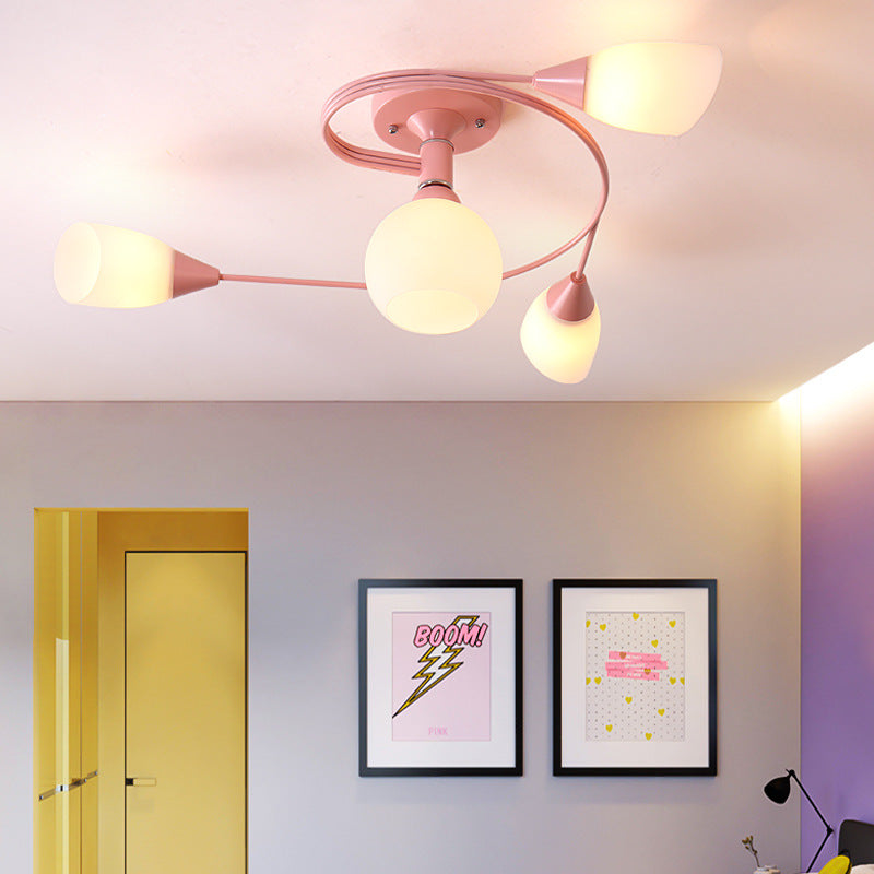 Curly Semi Flush Mount Light Nordic Iron 4/6-Head Grey/Pink/Yellow Ceiling Lamp with White Glass Shade 4 Pink Clearhalo 'Ceiling Lights' 'Chandeliers' 'Close To Ceiling Lights' 'Close to ceiling' 'Glass shade' 'Glass' 'Semi-flushmount' Lighting' 163314