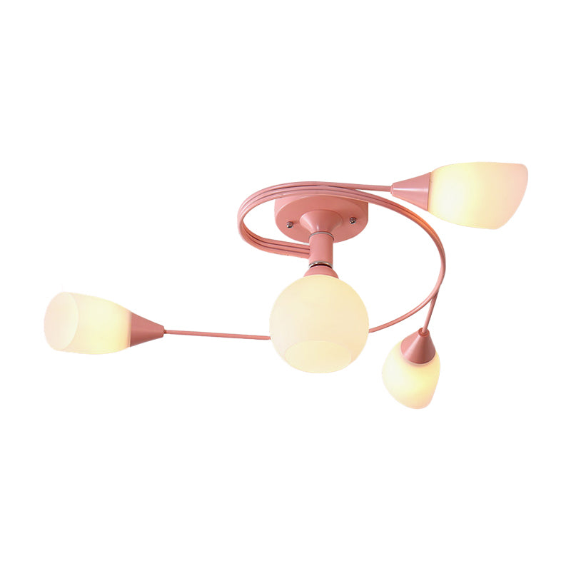 Curly Semi Flush Mount Light Nordic Iron 4/6-Head Grey/Pink/Yellow Ceiling Lamp with White Glass Shade Clearhalo 'Ceiling Lights' 'Chandeliers' 'Close To Ceiling Lights' 'Close to ceiling' 'Glass shade' 'Glass' 'Semi-flushmount' Lighting' 163316