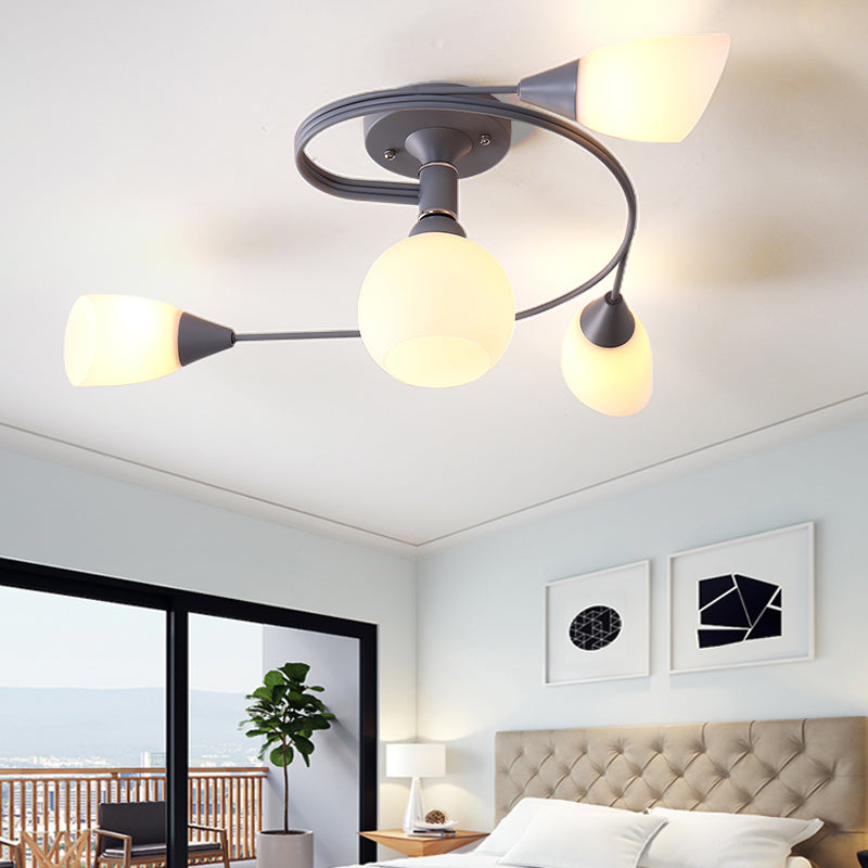 Curly Semi Flush Mount Light Nordic Iron 4/6-Head Grey/Pink/Yellow Ceiling Lamp with White Glass Shade 4 Grey Clearhalo 'Ceiling Lights' 'Chandeliers' 'Close To Ceiling Lights' 'Close to ceiling' 'Glass shade' 'Glass' 'Semi-flushmount' Lighting' 163317