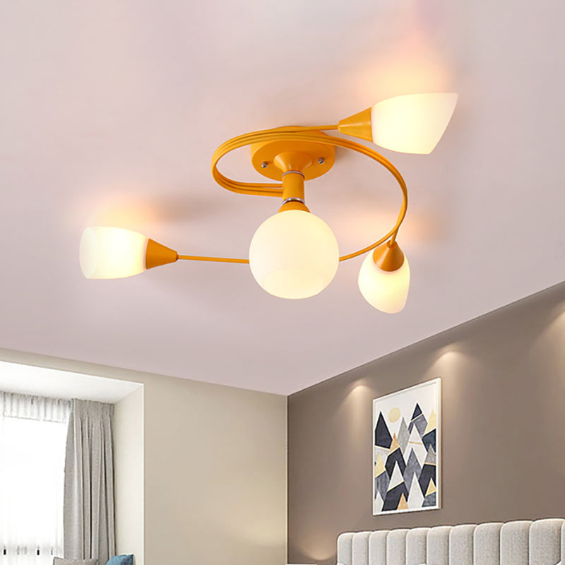 Curly Semi Flush Mount Light Nordic Iron 4/6-Head Grey/Pink/Yellow Ceiling Lamp with White Glass Shade 4 Yellow Clearhalo 'Ceiling Lights' 'Chandeliers' 'Close To Ceiling Lights' 'Close to ceiling' 'Glass shade' 'Glass' 'Semi-flushmount' Lighting' 163320