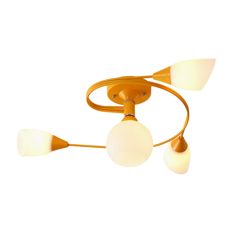 Curly Semi Flush Mount Light Nordic Iron 4/6-Head Grey/Pink/Yellow Ceiling Lamp with White Glass Shade Clearhalo 'Ceiling Lights' 'Chandeliers' 'Close To Ceiling Lights' 'Close to ceiling' 'Glass shade' 'Glass' 'Semi-flushmount' Lighting' 163322