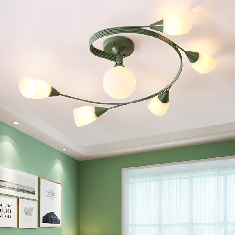 Curly Semi Flush Mount Light Nordic Iron 4/6-Head Grey/Pink/Yellow Ceiling Lamp with White Glass Shade 6 Green Clearhalo 'Ceiling Lights' 'Chandeliers' 'Close To Ceiling Lights' 'Close to ceiling' 'Glass shade' 'Glass' 'Semi-flushmount' Lighting' 163324