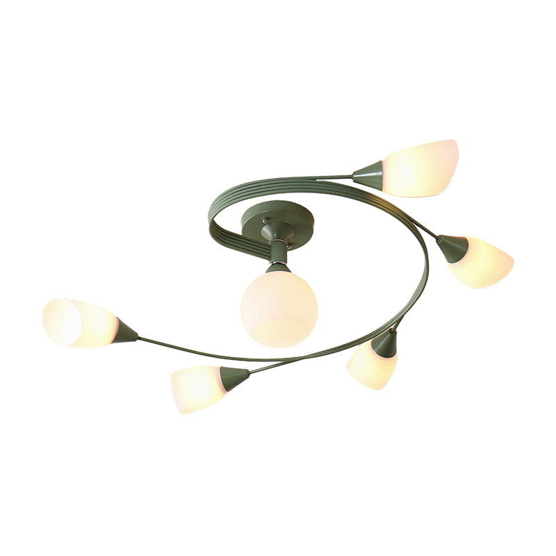 Curly Semi Flush Mount Light Nordic Iron 4/6-Head Grey/Pink/Yellow Ceiling Lamp with White Glass Shade Clearhalo 'Ceiling Lights' 'Chandeliers' 'Close To Ceiling Lights' 'Close to ceiling' 'Glass shade' 'Glass' 'Semi-flushmount' Lighting' 163326