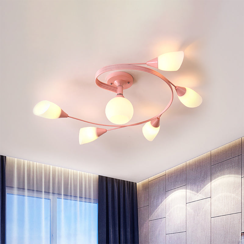 Curly Semi Flush Mount Light Nordic Iron 4/6-Head Grey/Pink/Yellow Ceiling Lamp with White Glass Shade 6 Pink Clearhalo 'Ceiling Lights' 'Chandeliers' 'Close To Ceiling Lights' 'Close to ceiling' 'Glass shade' 'Glass' 'Semi-flushmount' Lighting' 163331