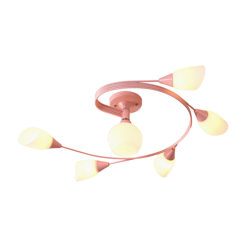 Curly Semi Flush Mount Light Nordic Iron 4/6-Head Grey/Pink/Yellow Ceiling Lamp with White Glass Shade Clearhalo 'Ceiling Lights' 'Chandeliers' 'Close To Ceiling Lights' 'Close to ceiling' 'Glass shade' 'Glass' 'Semi-flushmount' Lighting' 163333