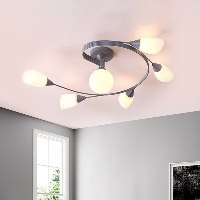 Curly Semi Flush Mount Light Nordic Iron 4/6-Head Grey/Pink/Yellow Ceiling Lamp with White Glass Shade 6 Grey Clearhalo 'Ceiling Lights' 'Chandeliers' 'Close To Ceiling Lights' 'Close to ceiling' 'Glass shade' 'Glass' 'Semi-flushmount' Lighting' 163334