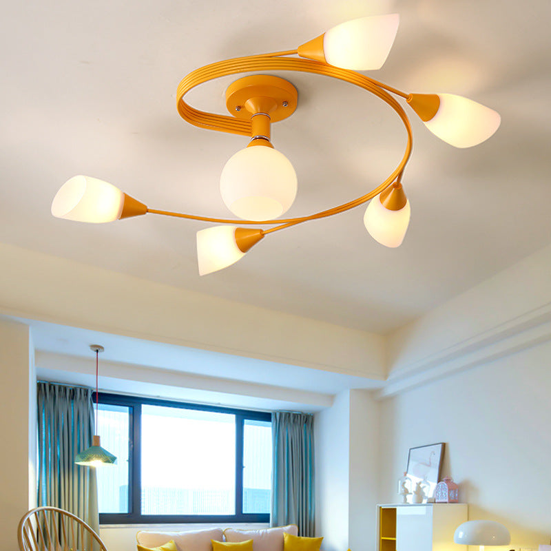 Curly Semi Flush Mount Light Nordic Iron 4/6-Head Grey/Pink/Yellow Ceiling Lamp with White Glass Shade 6 Yellow Clearhalo 'Ceiling Lights' 'Chandeliers' 'Close To Ceiling Lights' 'Close to ceiling' 'Glass shade' 'Glass' 'Semi-flushmount' Lighting' 163337