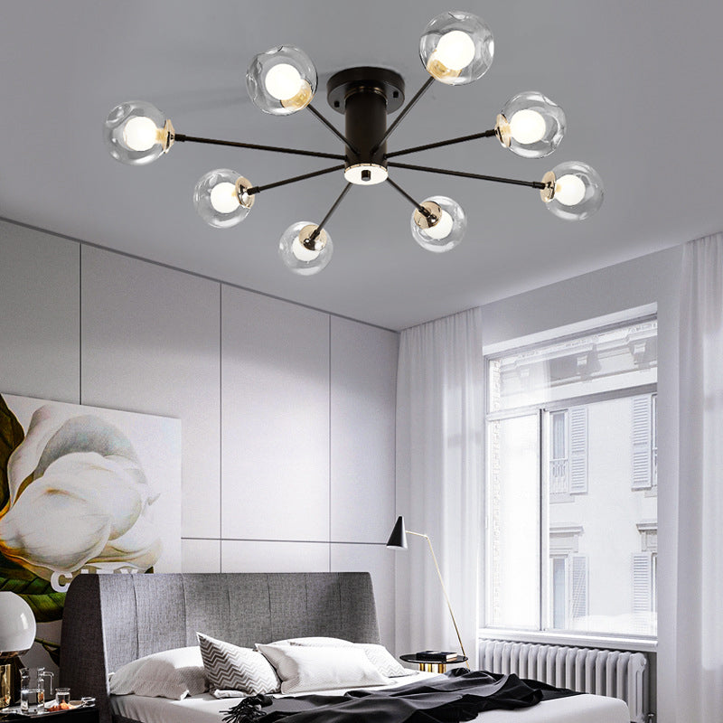 Iron Sputnik Ceiling Mounted Lamp Modern 8/10 Lights Black/White Semi Flush Pendant with Clear Glass Shade 8 Black Clearhalo 'Ceiling Lights' 'Close To Ceiling Lights' 'Close to ceiling' 'Glass shade' 'Glass' 'Semi-flushmount' Lighting' 163341