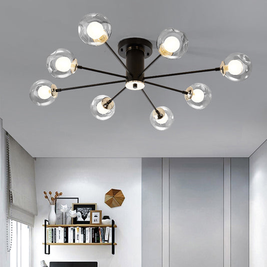 Iron Sputnik Ceiling Mounted Lamp Modern 8/10 Lights Black/White Semi Flush Pendant with Clear Glass Shade Clearhalo 'Ceiling Lights' 'Close To Ceiling Lights' 'Close to ceiling' 'Glass shade' 'Glass' 'Semi-flushmount' Lighting' 163342