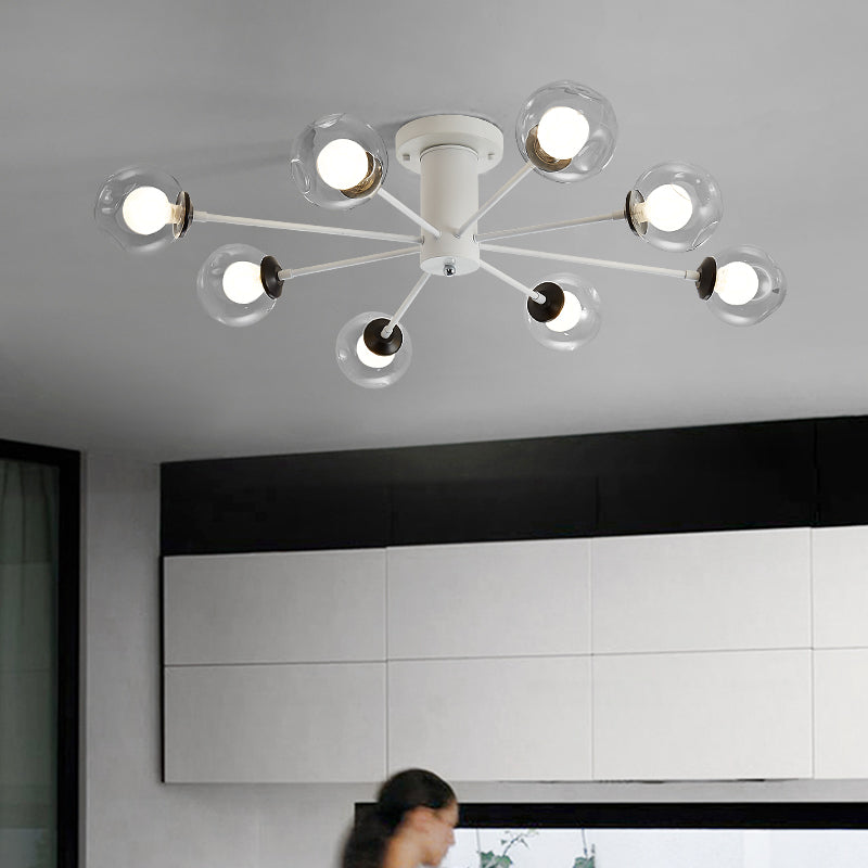 Iron Sputnik Ceiling Mounted Lamp Modern 8/10 Lights Black/White Semi Flush Pendant with Clear Glass Shade 8 White Clearhalo 'Ceiling Lights' 'Close To Ceiling Lights' 'Close to ceiling' 'Glass shade' 'Glass' 'Semi-flushmount' Lighting' 163348