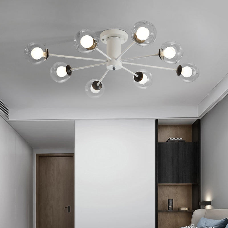 Iron Sputnik Ceiling Mounted Lamp Modern 8/10 Lights Black/White Semi Flush Pendant with Clear Glass Shade Clearhalo 'Ceiling Lights' 'Close To Ceiling Lights' 'Close to ceiling' 'Glass shade' 'Glass' 'Semi-flushmount' Lighting' 163349