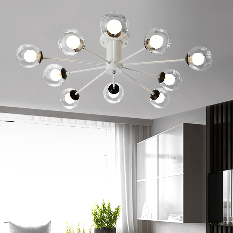 Iron Sputnik Ceiling Mounted Lamp Modern 8/10 Lights Black/White Semi Flush Pendant with Clear Glass Shade 10 White Clearhalo 'Ceiling Lights' 'Close To Ceiling Lights' 'Close to ceiling' 'Glass shade' 'Glass' 'Semi-flushmount' Lighting' 163352