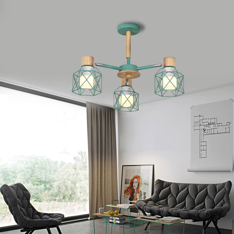 Cage Semi Flush Lamp Nordic Iron 3/6/8-Head Black/Green/Gold Ceiling Drop Pendant Lighting 3 Green Clearhalo 'Ceiling Lights' 'Close To Ceiling Lights' 'Close to ceiling' 'Semi-flushmount' Lighting' 163377