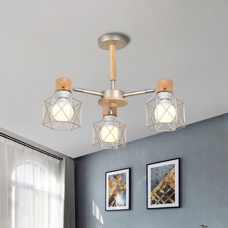 Cage Semi Flush Lamp Nordic Iron 3/6/8-Head Black/Green/Gold Ceiling Drop Pendant Lighting 3 Gold Clearhalo 'Ceiling Lights' 'Close To Ceiling Lights' 'Close to ceiling' 'Semi-flushmount' Lighting' 163380