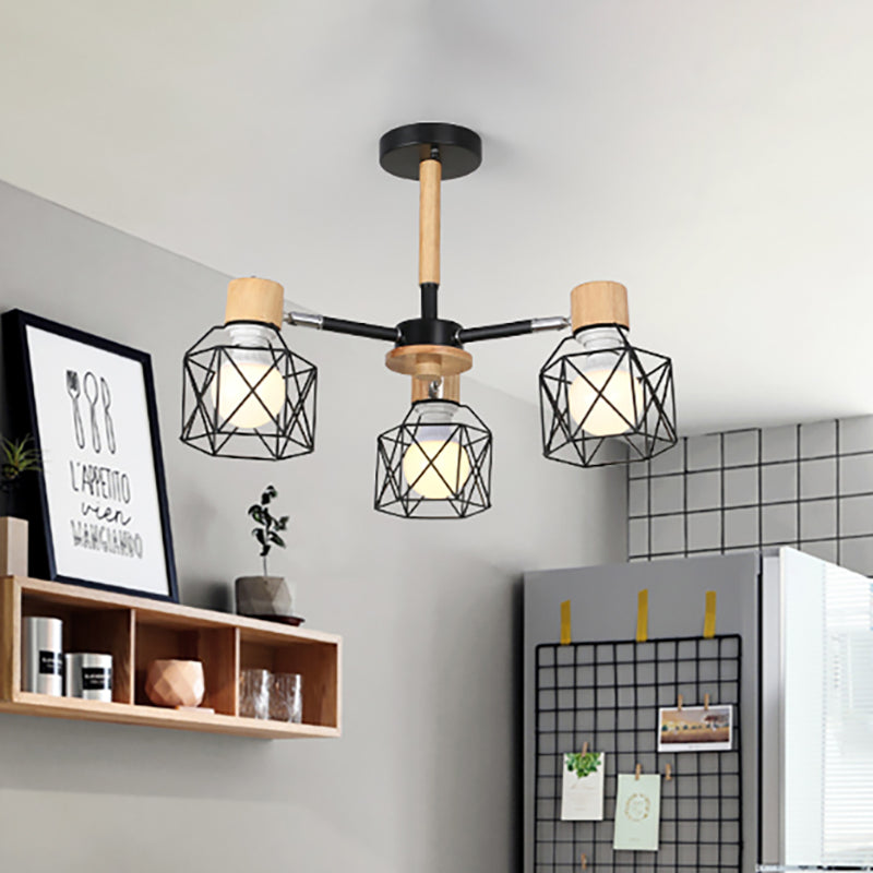 Cage Semi Flush Lamp Nordic Iron 3/6/8-Head Black/Green/Gold Ceiling Drop Pendant Lighting 3 Black Clearhalo 'Ceiling Lights' 'Close To Ceiling Lights' 'Close to ceiling' 'Semi-flushmount' Lighting' 163383