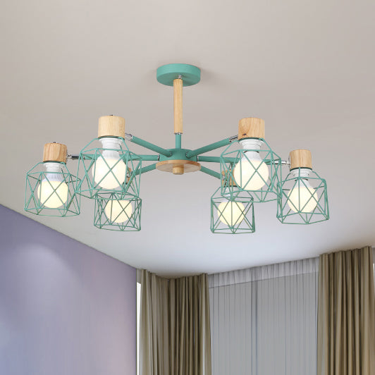 Cage Semi Flush Lamp Nordic Iron 3/6/8-Head Black/Green/Gold Ceiling Drop Pendant Lighting 6 Green Clearhalo 'Ceiling Lights' 'Close To Ceiling Lights' 'Close to ceiling' 'Semi-flushmount' Lighting' 163387