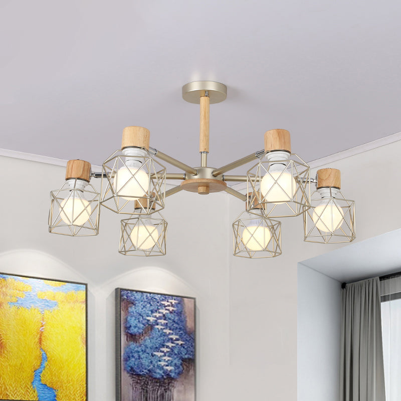 Cage Semi Flush Lamp Nordic Iron 3/6/8-Head Black/Green/Gold Ceiling Drop Pendant Lighting 6 Gold Clearhalo 'Ceiling Lights' 'Close To Ceiling Lights' 'Close to ceiling' 'Semi-flushmount' Lighting' 163390