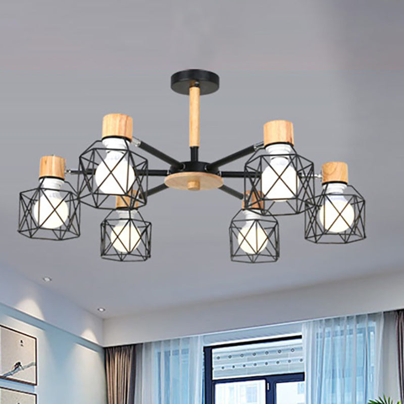 Cage Semi Flush Lamp Nordic Iron 3/6/8-Head Black/Green/Gold Ceiling Drop Pendant Lighting 6 Black Clearhalo 'Ceiling Lights' 'Close To Ceiling Lights' 'Close to ceiling' 'Semi-flushmount' Lighting' 163393