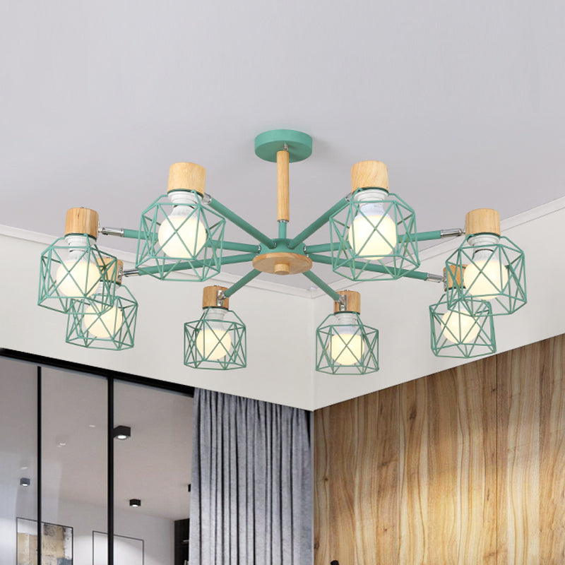 Cage Semi Flush Lamp Nordic Iron 3/6/8-Head Black/Green/Gold Ceiling Drop Pendant Lighting 8 Green Clearhalo 'Ceiling Lights' 'Close To Ceiling Lights' 'Close to ceiling' 'Semi-flushmount' Lighting' 163397