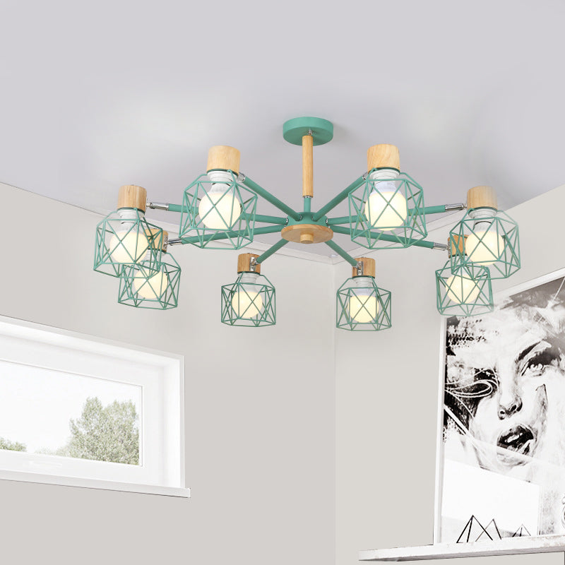 Cage Semi Flush Lamp Nordic Iron 3/6/8-Head Black/Green/Gold Ceiling Drop Pendant Lighting Clearhalo 'Ceiling Lights' 'Close To Ceiling Lights' 'Close to ceiling' 'Semi-flushmount' Lighting' 163398